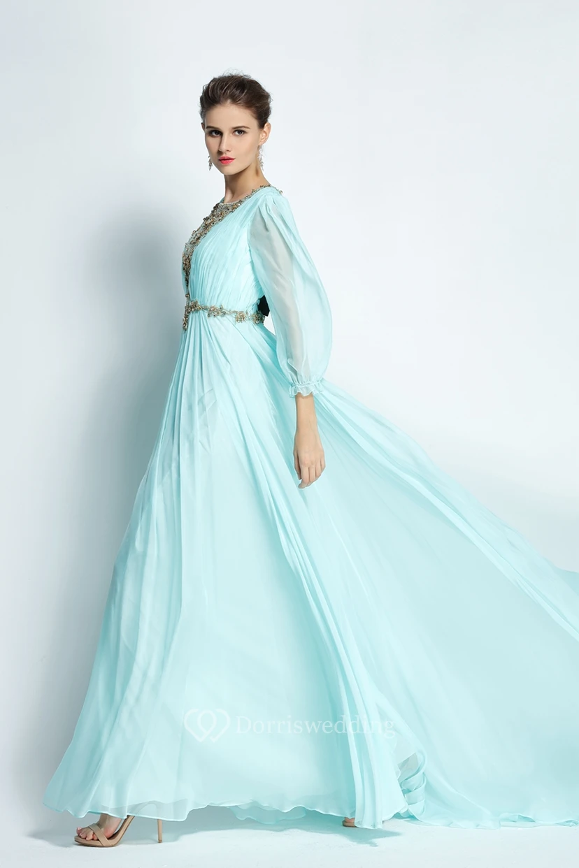 A-Linien-Abendkleid aus Chiffon mit langen Ärmeln, Schleppe, U-Boot-Ausschnitt, Perlenstickerei und Falten view 3