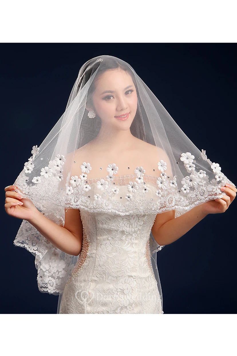 Long Tail Wedding Veil with Flowers Beading and Lace Edge view 3
