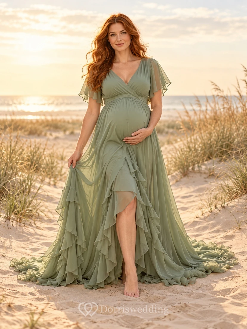 Maternity Sage V Neck Flutter Sleeve Tiered Ruffled Train Gown