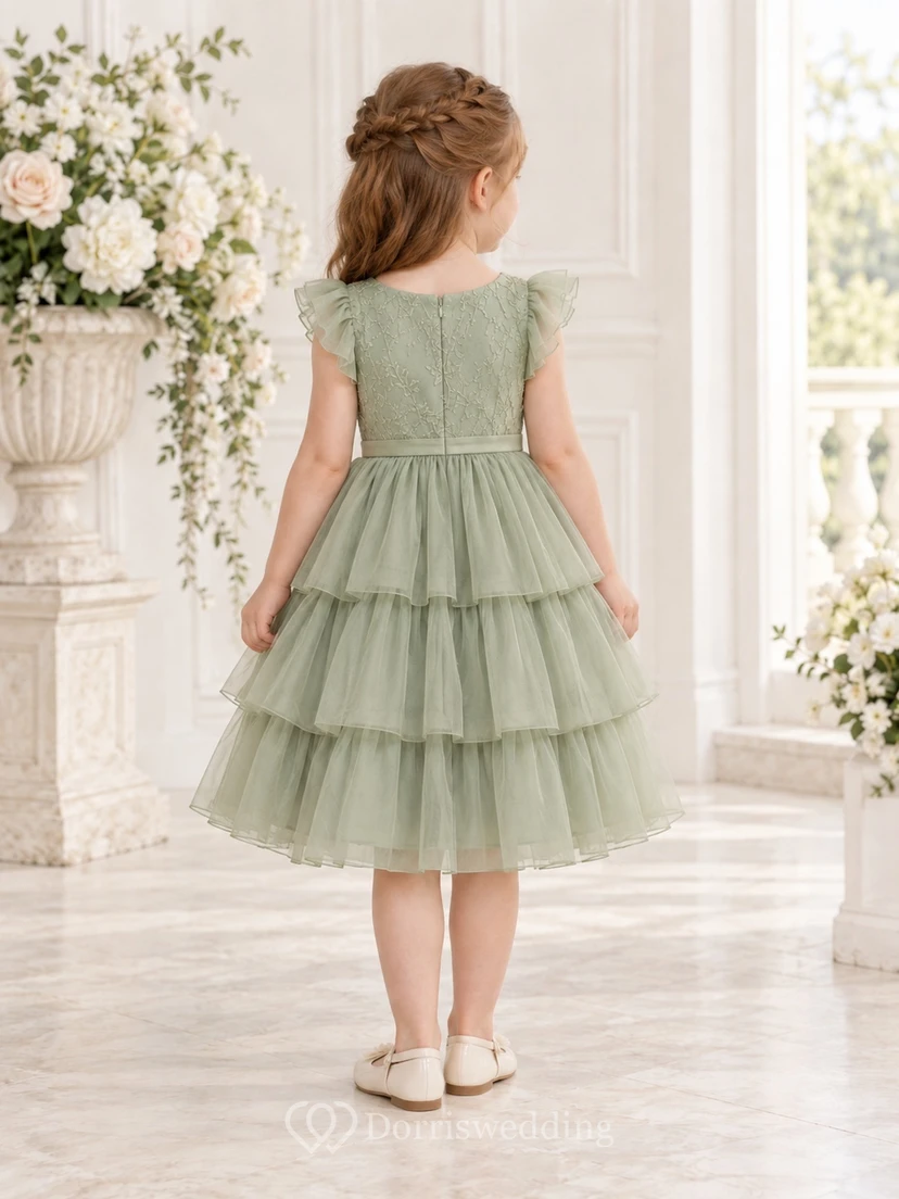 Teelanges, salbeigrünes, geblümtes Sommerkleid in A-Linie mit Tüllspitzenoberteil und flatternden Ärmeln für Blumenmädchen view 2