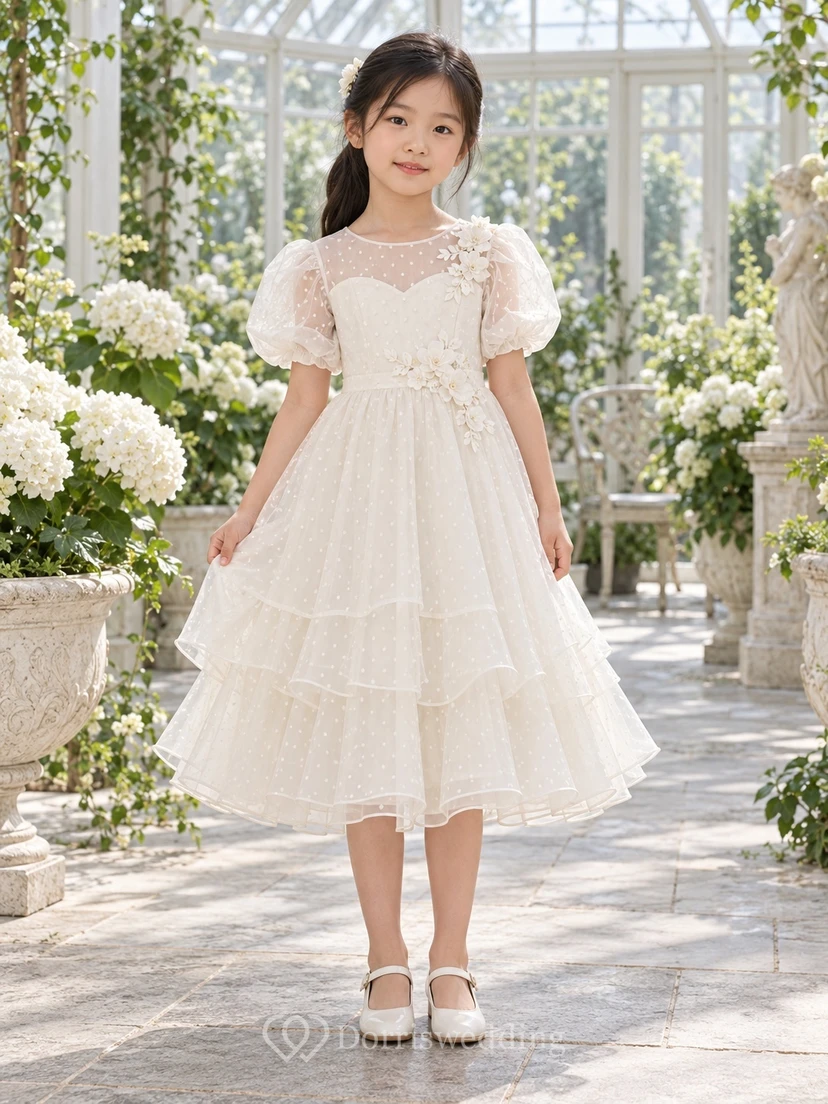 Tea-length Ivory A-line Lace Tulle Puff-sleeve Illusion Tiered Flower Girl Dress