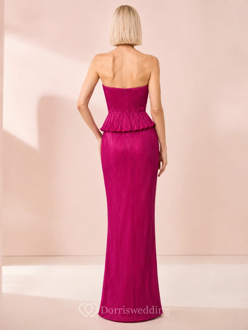 Fuchsia strapless pleated peplum floor length formal gown view 2