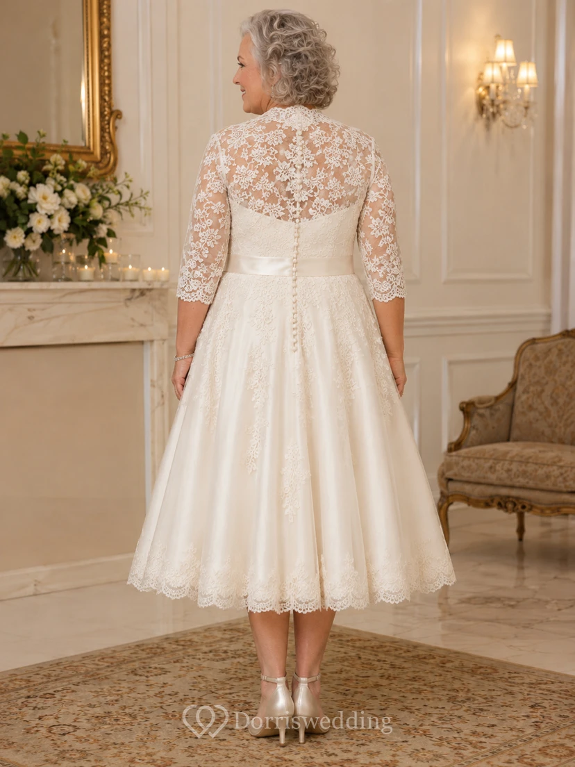 Plus Size Teelanges Satin-Hochzeitskleid für ältere Bräute mit Spitzenjacke view 2