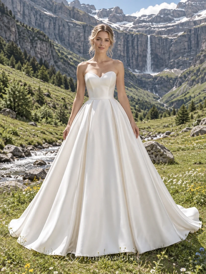 Schlichtes, ärmelloses Ballkleid mit Herzausschnitt und Schleppe aus Duchess-Satin
