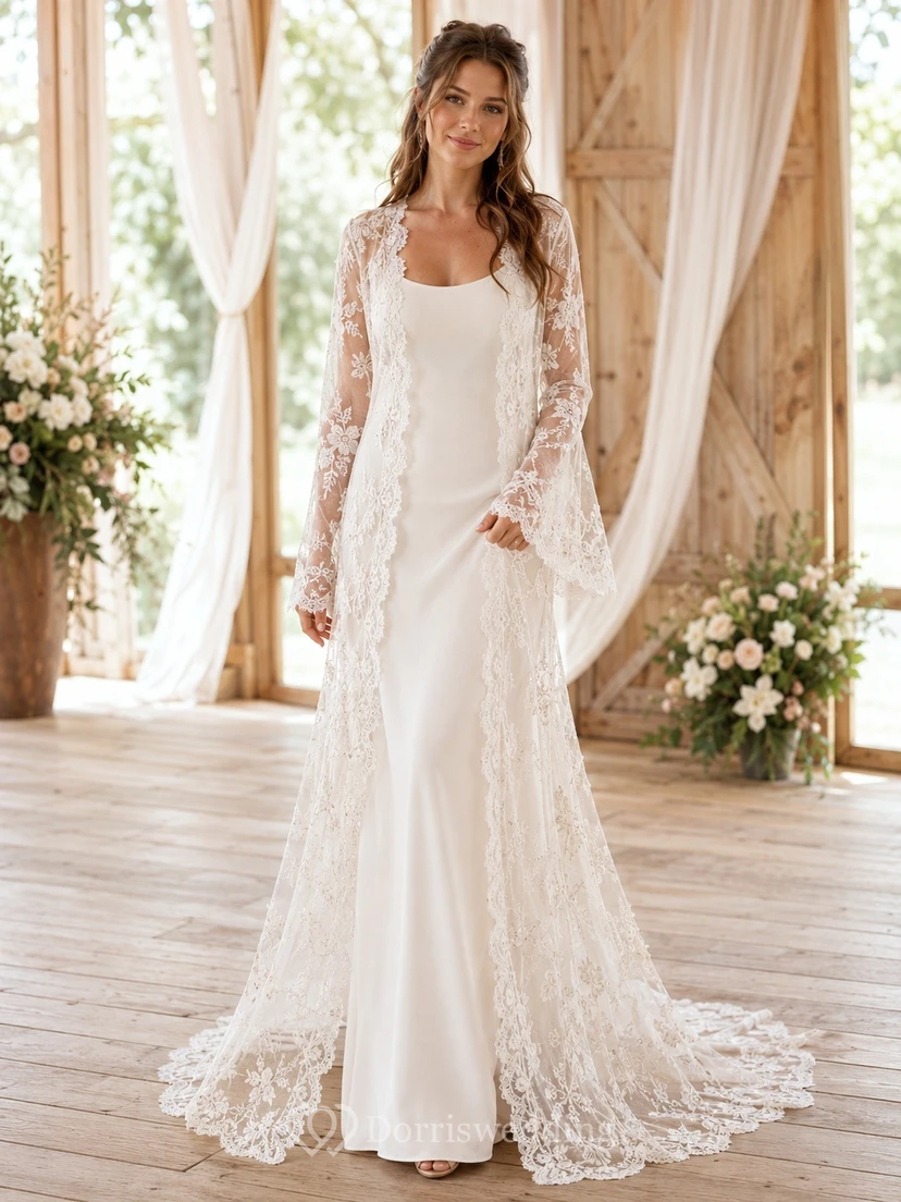 Romantisches Brautkleid mit eckigem Ausschnitt, langen Ärmeln und elegantem A-Linien-Schnitt aus Spitze
