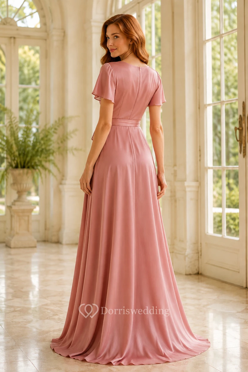 Robe de demoiselle d'honneur en satin rose poudré, manches courtes, coupe trapèze, décolleté en V et ceinture à nouer. view 2