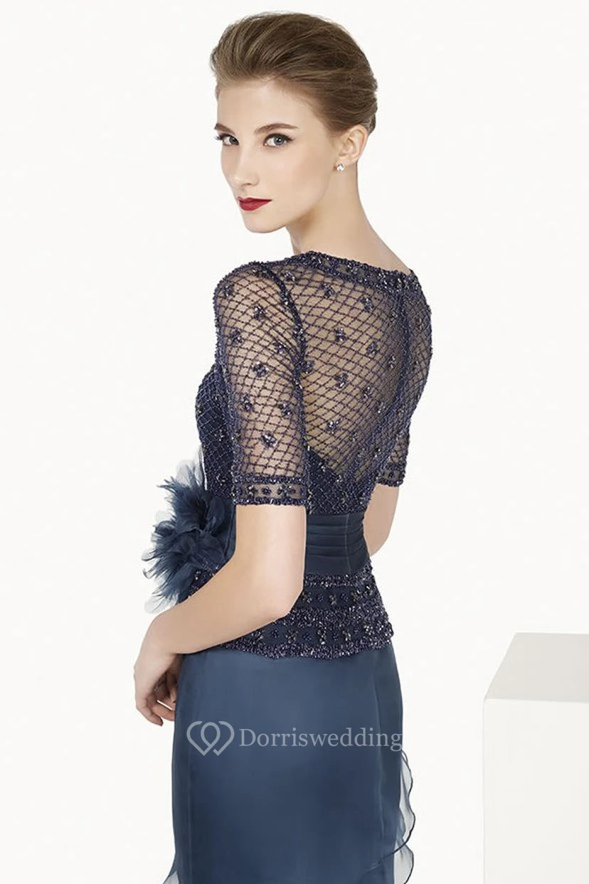 Short Sleeve Layered Chiffon Long Dress With Flower Sash And Beading-net Top view 2