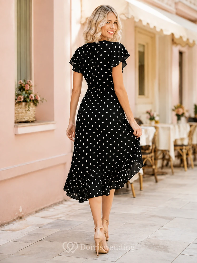 Schwarzes, gepunktetes Chiffonkleid mit V-Ausschnitt, flatternden Ärmeln und asymmetrischem Schnitt – perfekt für Teegäste view 2