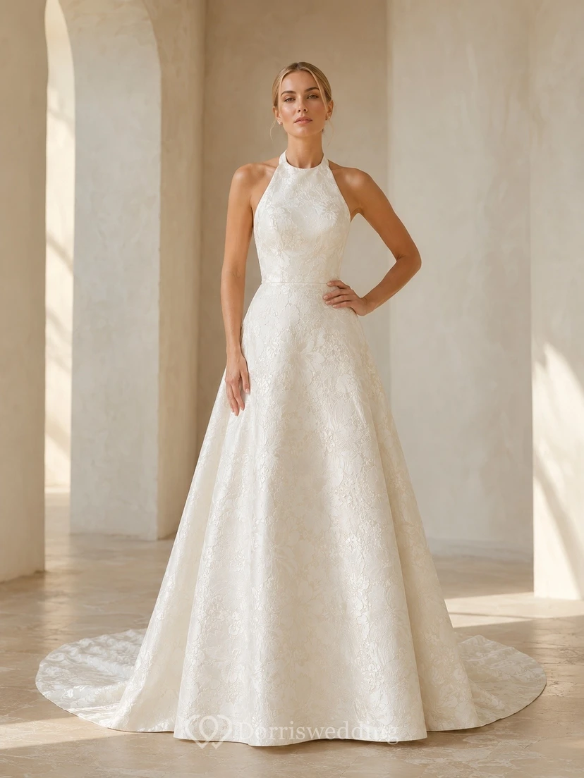 Vestido de novia formal de corte A con escote halter, largo hasta la rodilla, estilo vintage.