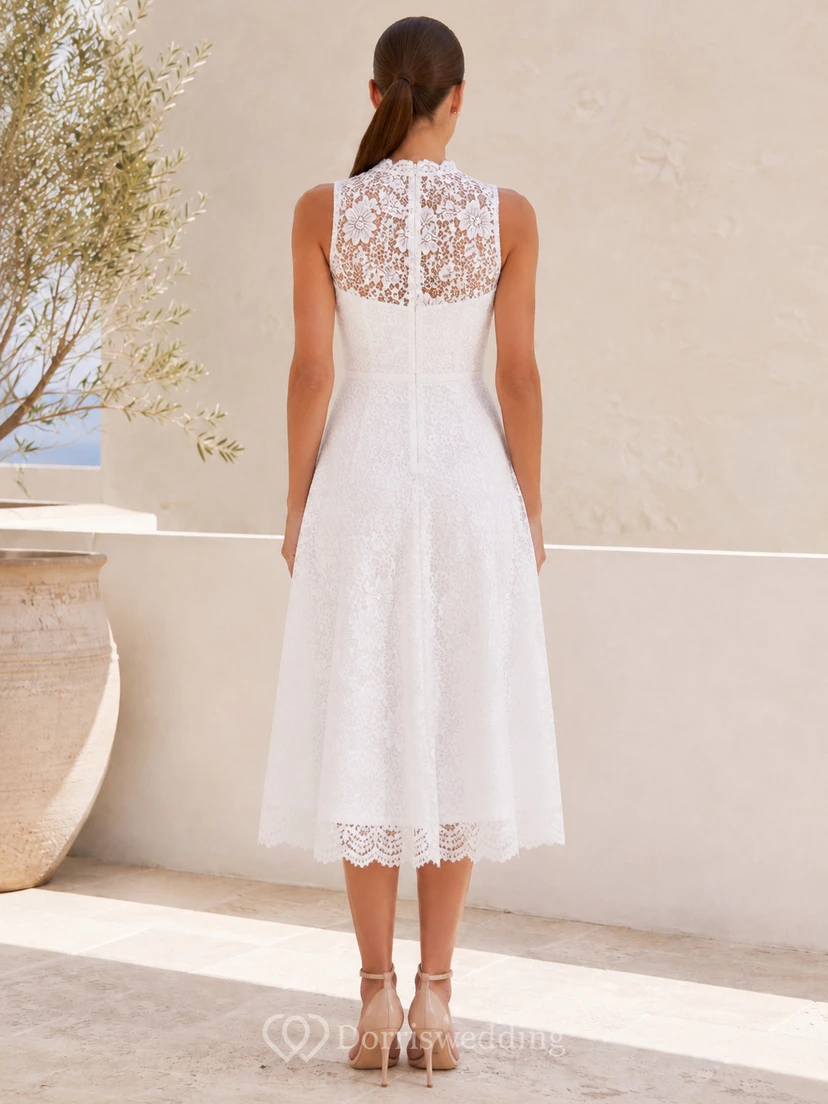 Covered Garden Ivory A-Line Tea-Length High-Neck Sleeveless Lace Modest Cocktail Dress view 2