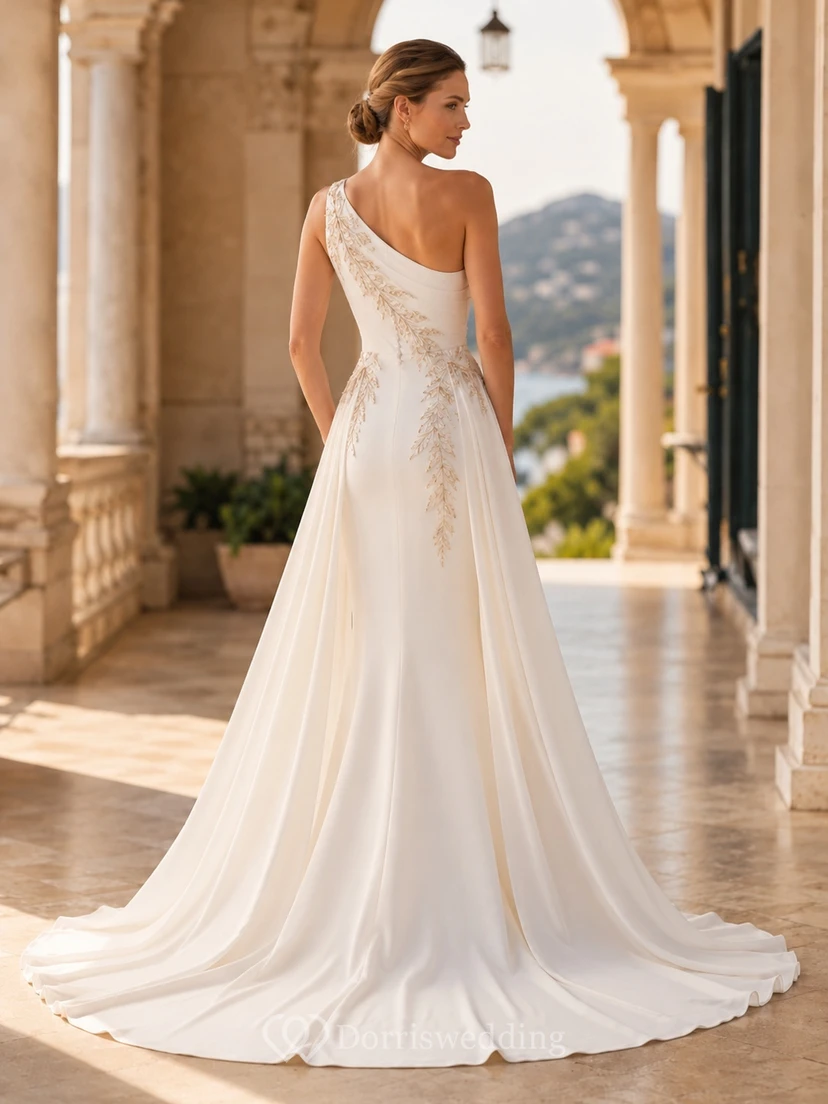 Modernes Brautkleid in Roségold mit drapiertem Etui-Schnitt, One-Shoulder-Ausschnitt, ärmellos, bodenlang, mit Schleppe view 2
