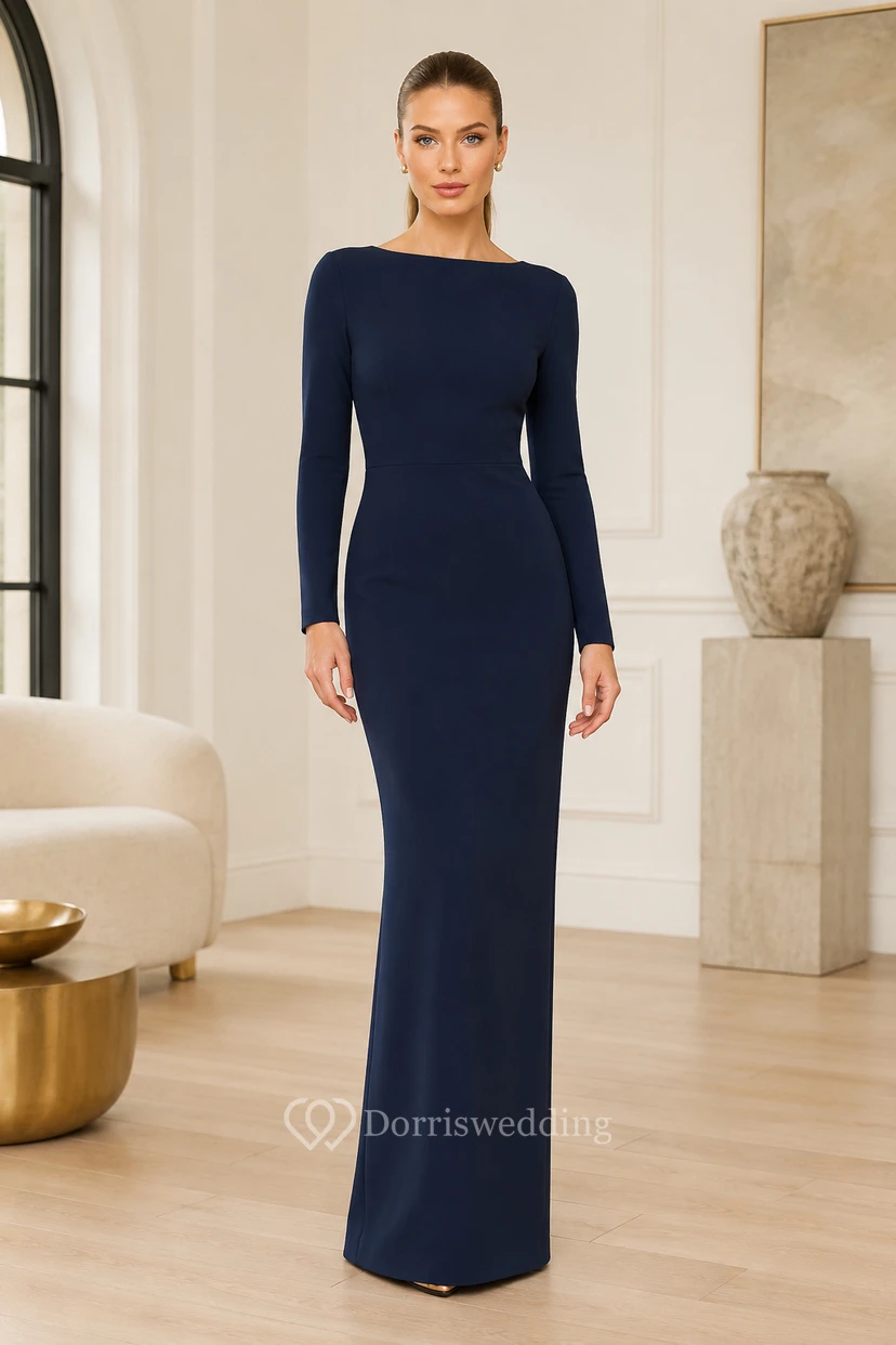 Vestido formal de corte recto azul marino oscuro de manga larga con escote barco y falda minimalista hasta el suelo.