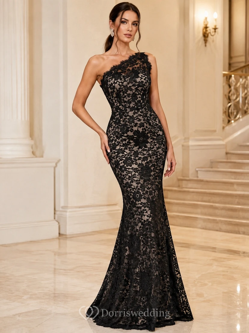 Black One-Shoulder Lace Mermaid Sweep Train Sexy Luxury Evening Gown