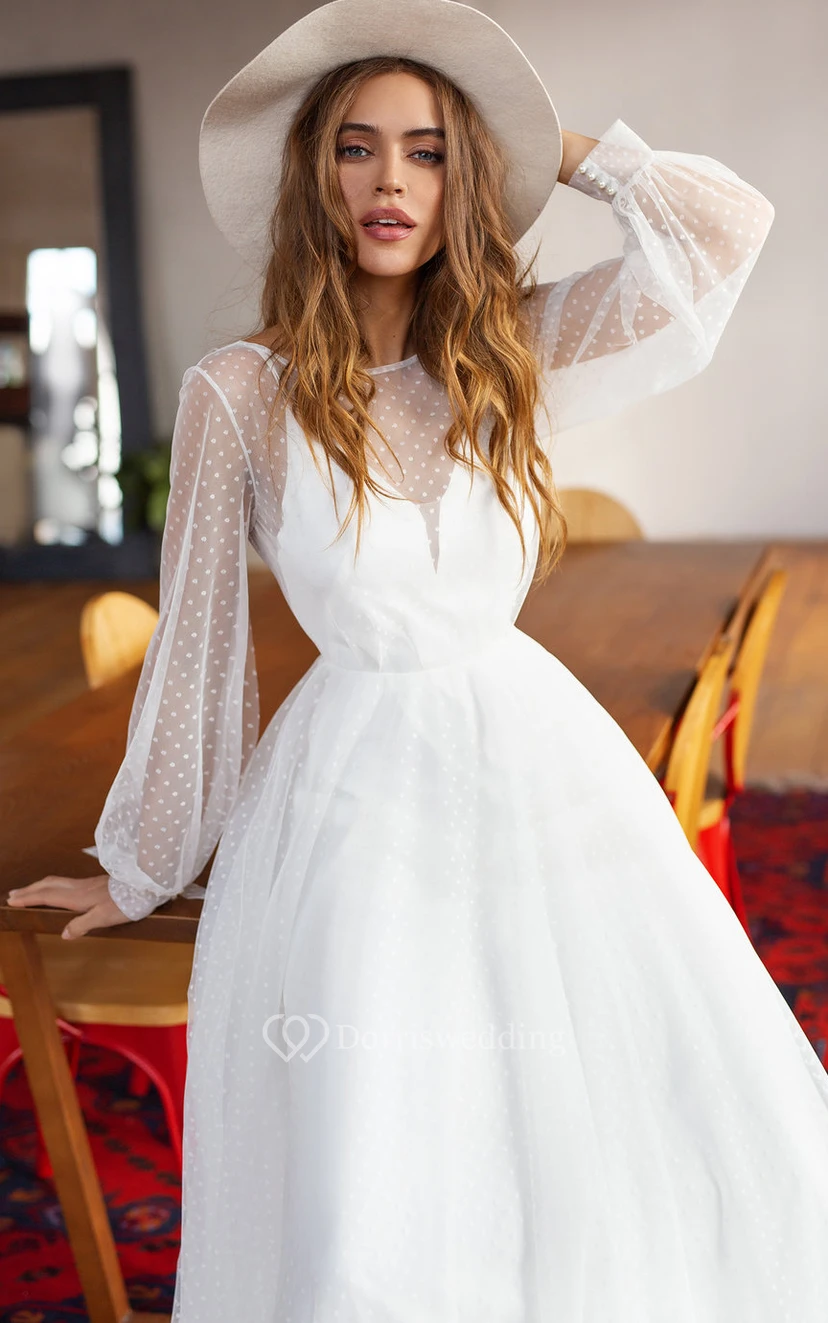Elegantes, bodenlanges Chiffon-Brautkleid mit A-Linie, langer Ärmel und Schleppe view 3