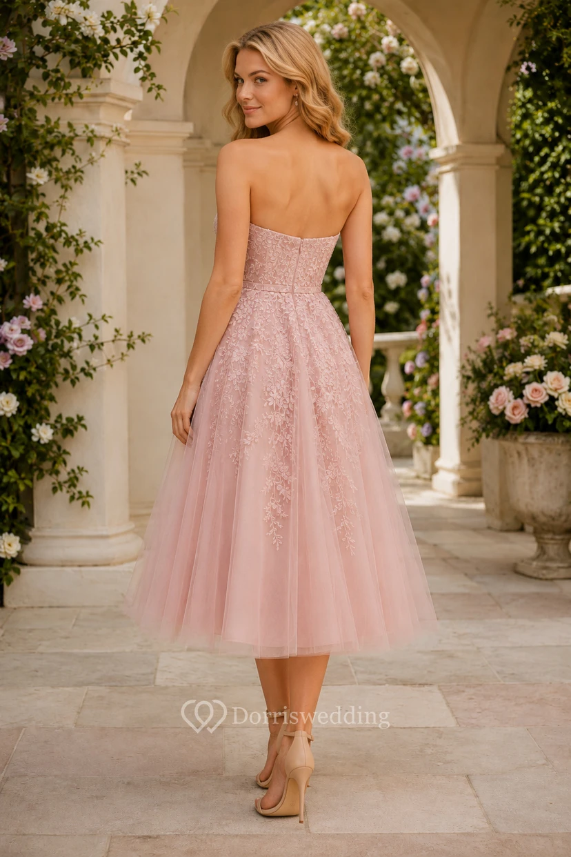 Blushing Pink Tea-Length Tulle Dress with Strapless Bodice and Lace Applique view 2