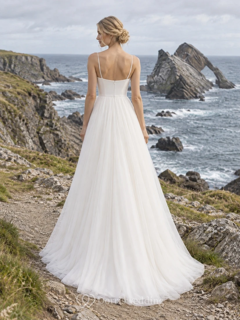 Simple Romantic Beach Wedding Dress A-Line Scoop Neck Sleeveless Floor Length Soft Tulle view 2