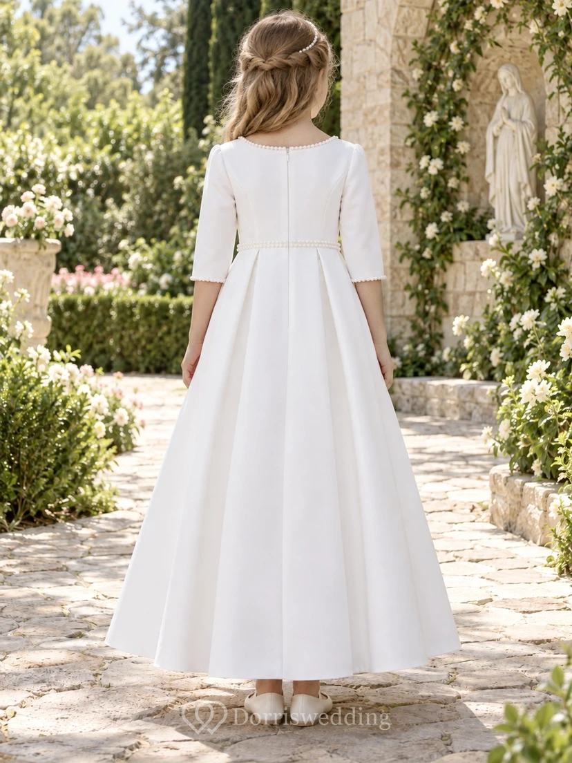 Modest White Ankle-length Three-quarter Sleeve Pearl Trim Satin Communion Dress view 2