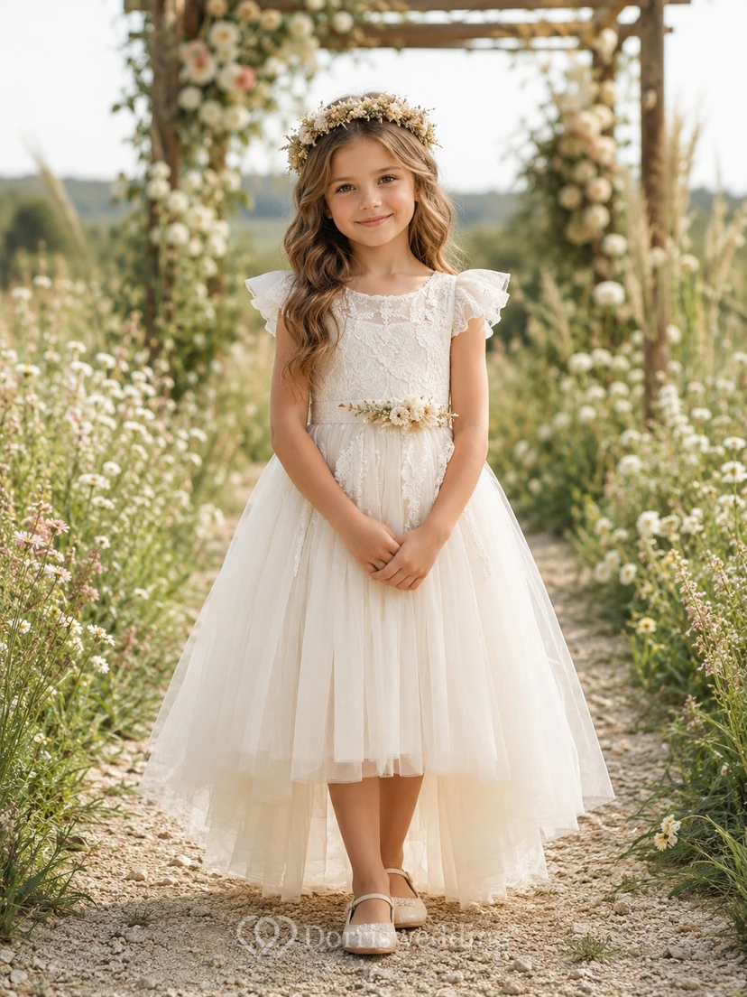 Romantic Floral Lace Tulle High-Low Flower Girl Petal Sleeve Garden Wedding Dress