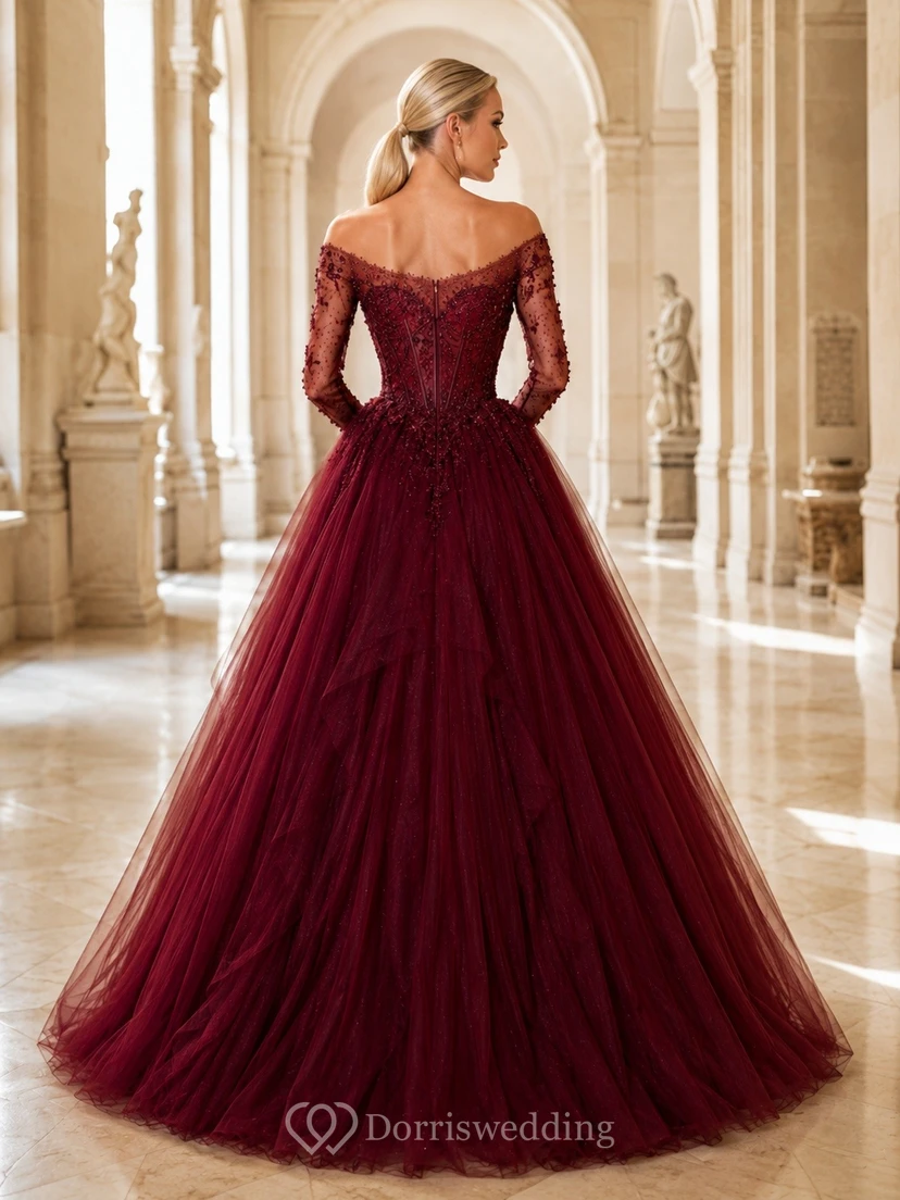 Luxury Burgundy Tulle Ball Gown Floor-Length Off-Shoulder Long Sleeve Prom Dress view 2
