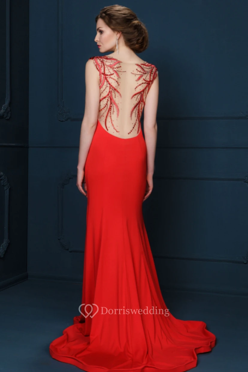 Sheath Beaded Cap-Sleeve Floor-Length Scoop-Neck Jersey Evening Dress With Pleats view 2