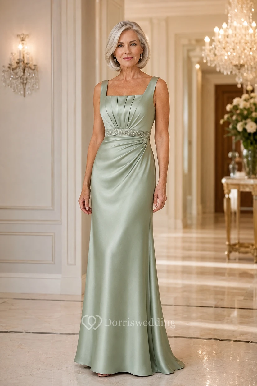 Sage Satin Square Neck Sheath Mother Dress