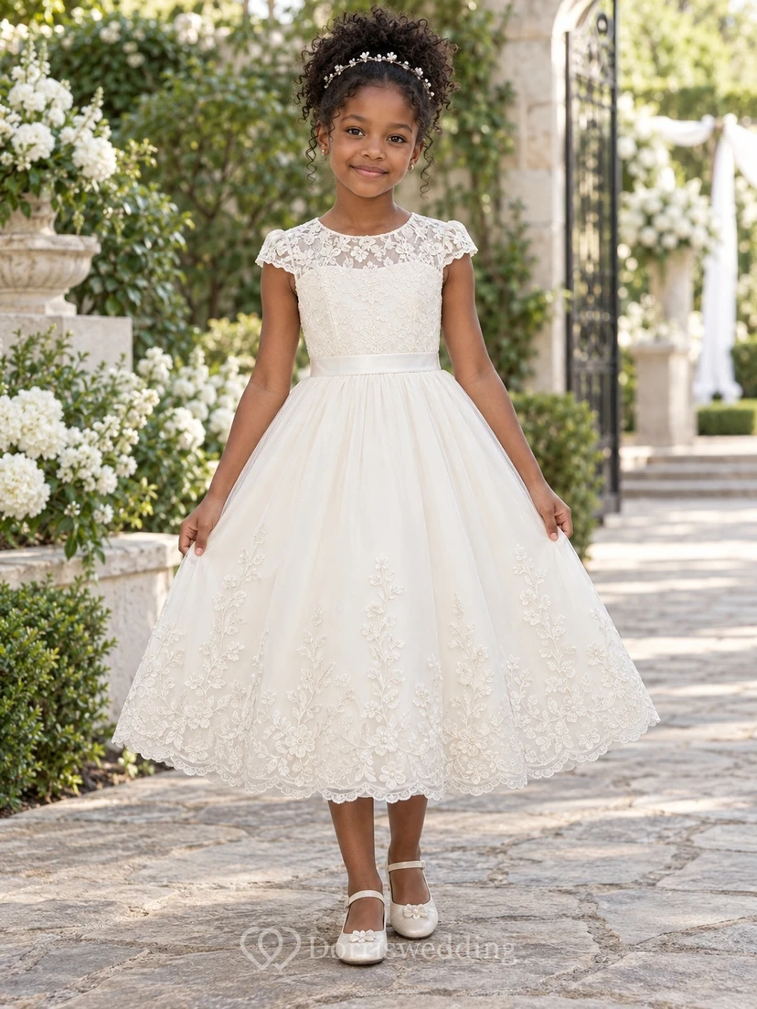 Teelanges elfenbeinfarbenes A-Linien-Kleid aus Spitze und Tüll mit kurzen Ärmeln, Illusionsausschnitt und Muschelsaum für Blumenmädchen