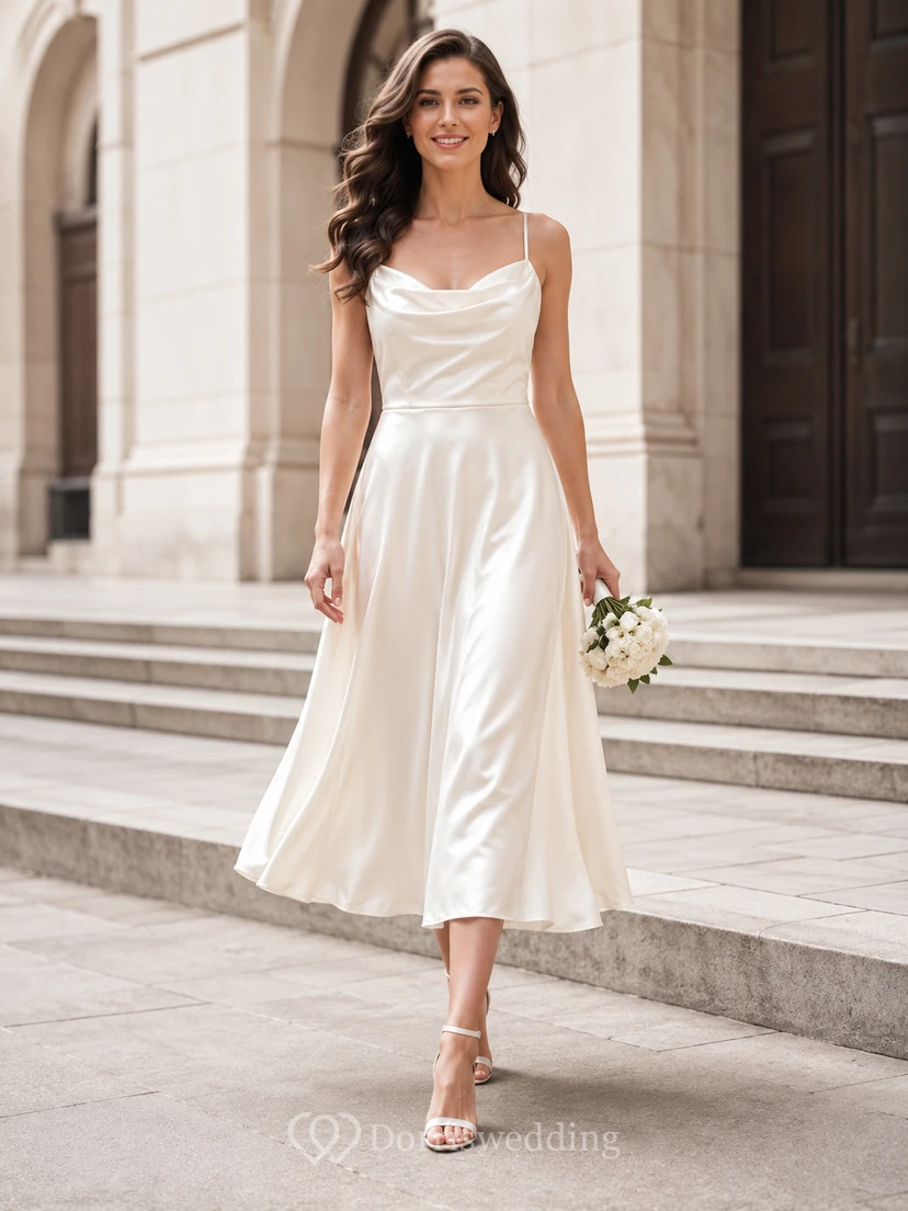 Modern Civil Satin A Line Cowl Spaghetti Tea Length Courthouse Wedding Dress