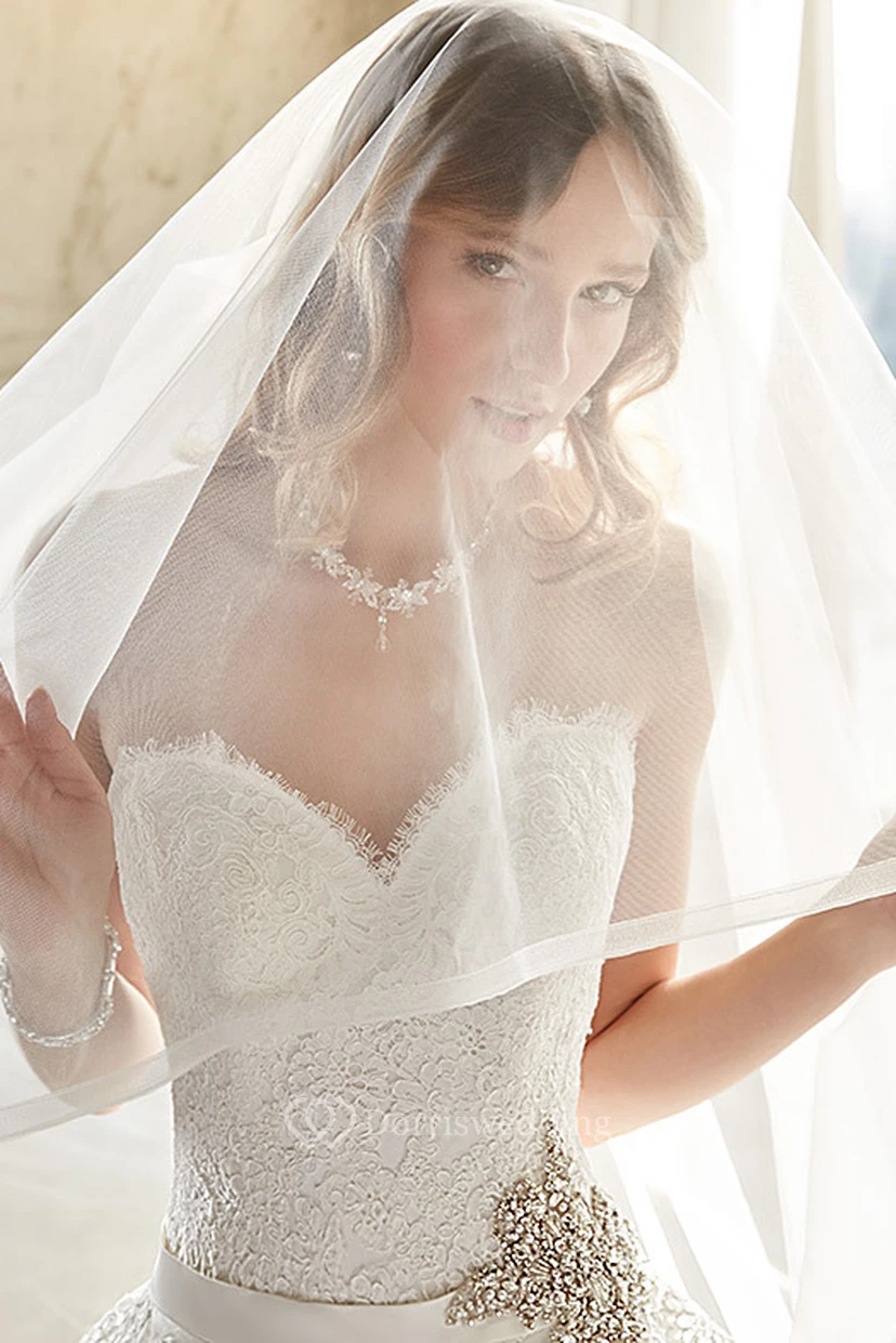 A-Line Draped Sweetheart Organza Wedding Dress With Tiers And Broach view 2