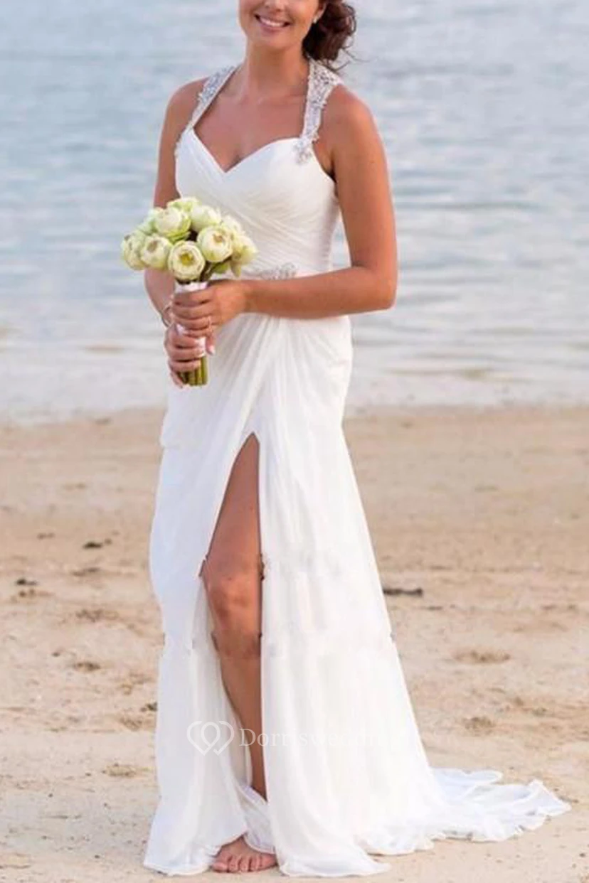 Elegantes Vintage-Strandkleid mit V-Ausschnitt, Perlenbesatz, rückenfreiem Schnitt und Schlitz vorne
