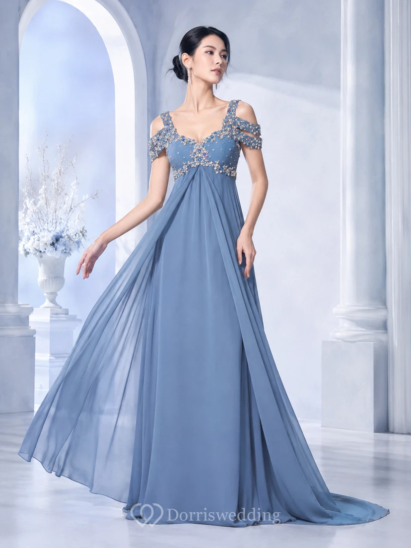 Chiffon-Maxikleid mit Perlenbesatz und Empire-Taille view 6