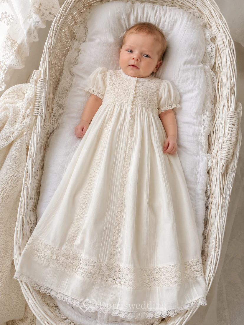 Vintage Christening Gown A-Line Cotton Lace Jewel Neck Pleated Full Skirt