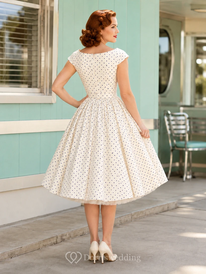 Vintage Ivory Polka-Dot Cap-Sleeve Sweetheart Satin A-Line Tea-Length Cocktail Dress view 2