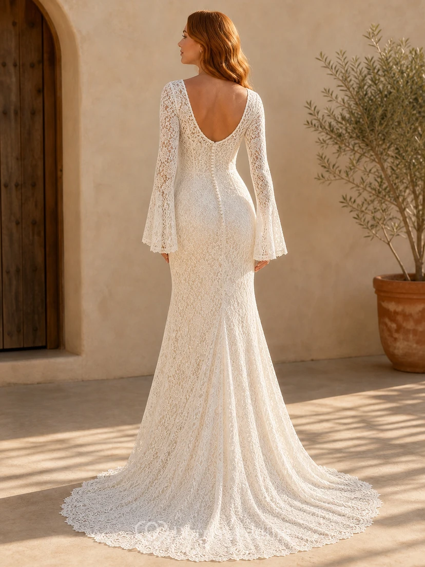 Vestido de novia bohemio de manga larga acampanada, estilo sirena, escote redondo y encaje, para capilla. view 2