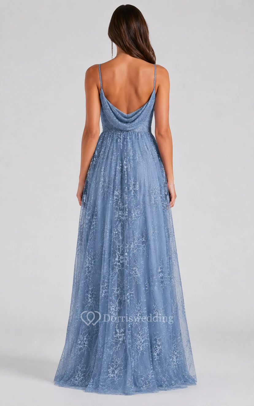 A-Line V-Neck Tulle Prom Dress with Lace view 2