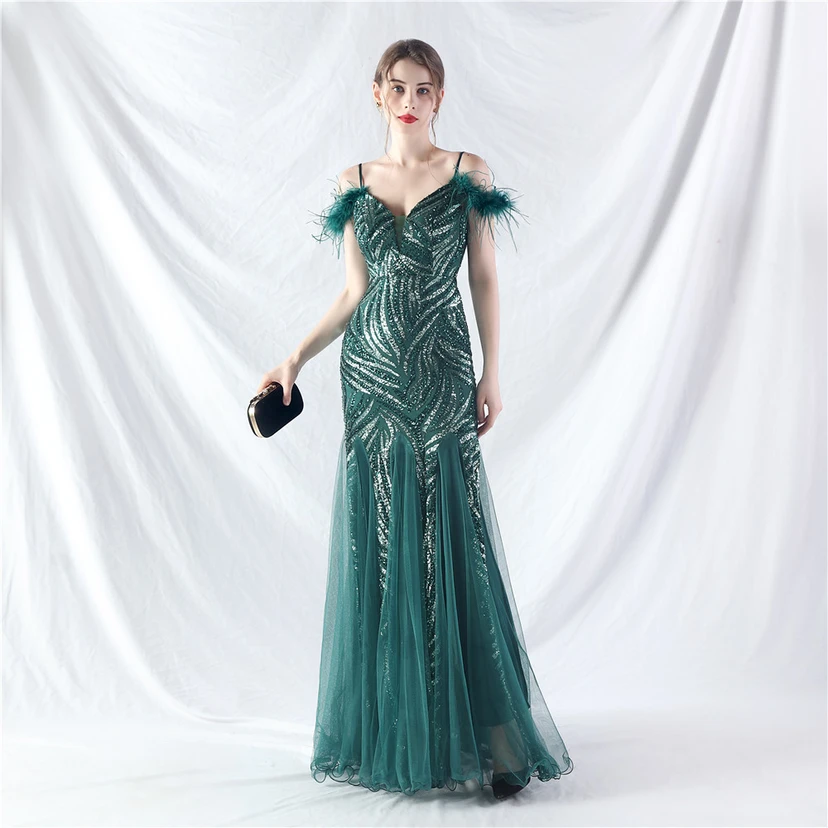 Crafted Ostrich Feather Stacked Sequins Splicing Mesh Gauze High-End Evening Dress Clothes view 24