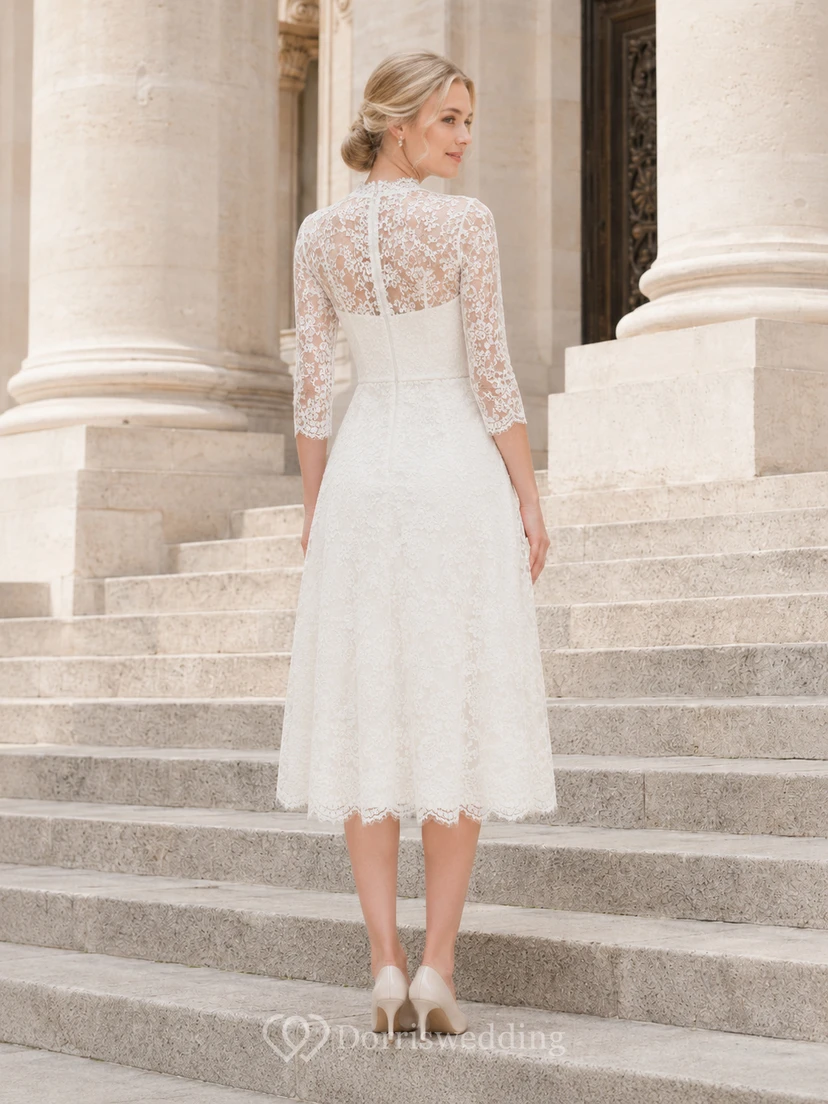 Midi Lace Short Sleeve Civil Ceremony Wedding Dress view 2