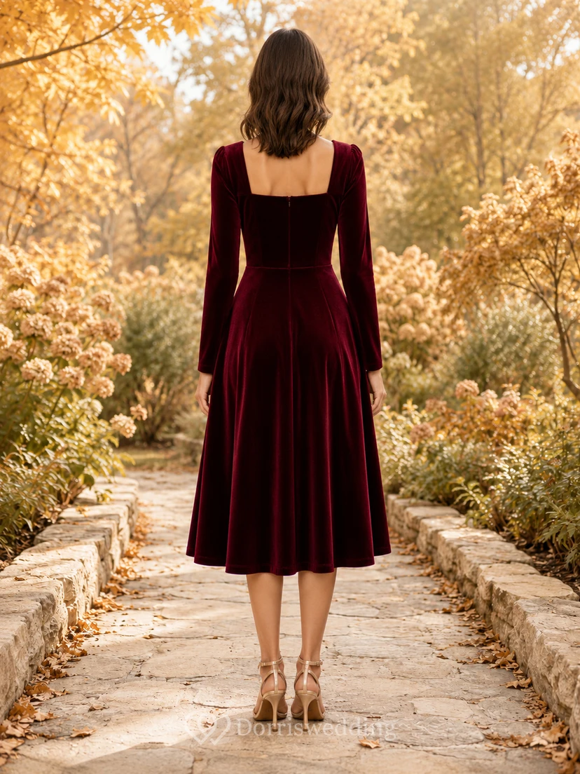 Burgundy Square Neck Long Sleeve Velvet Fall Occasion Dress view 2