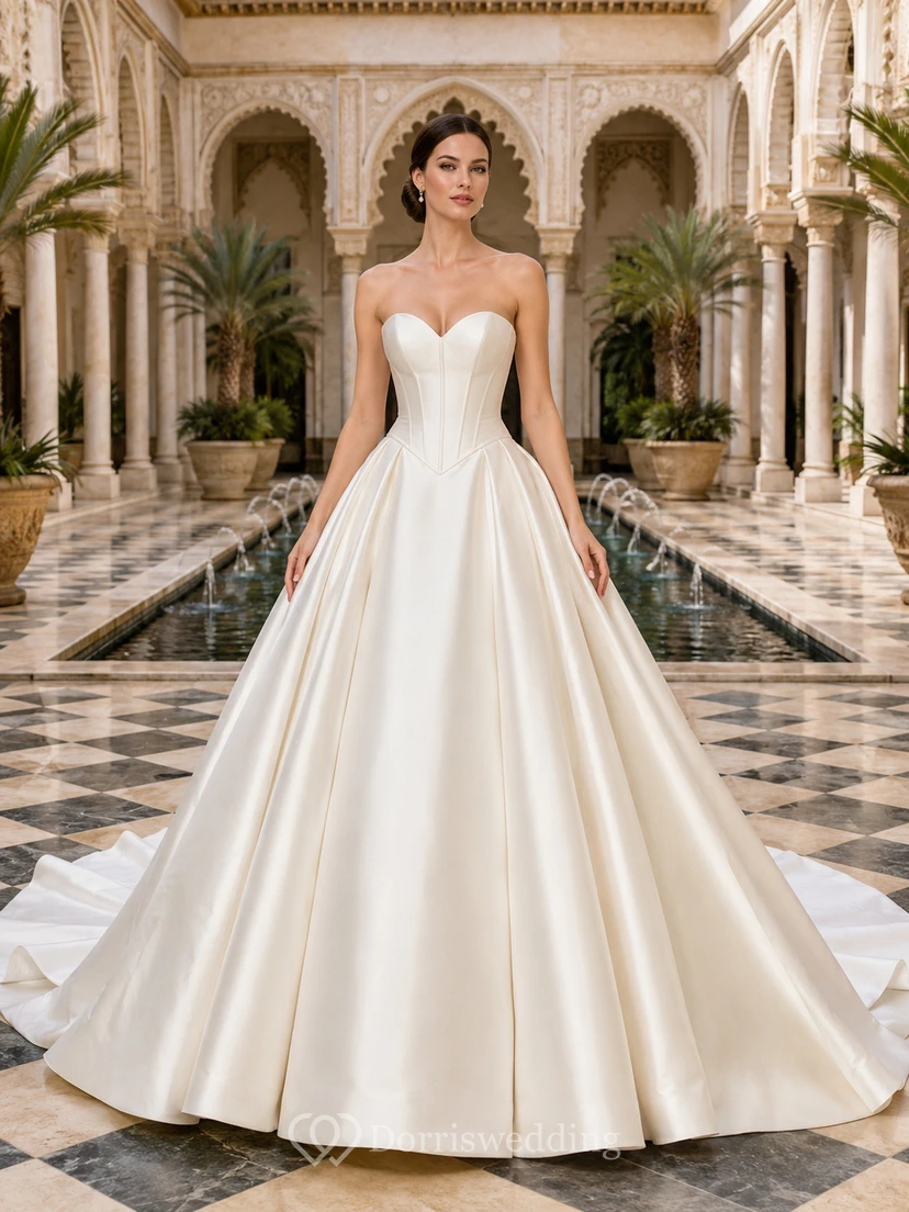 Robe de bal moderne de princesse, bustier cœur, en satin, avec traîne chapelle, pour un mariage à destination