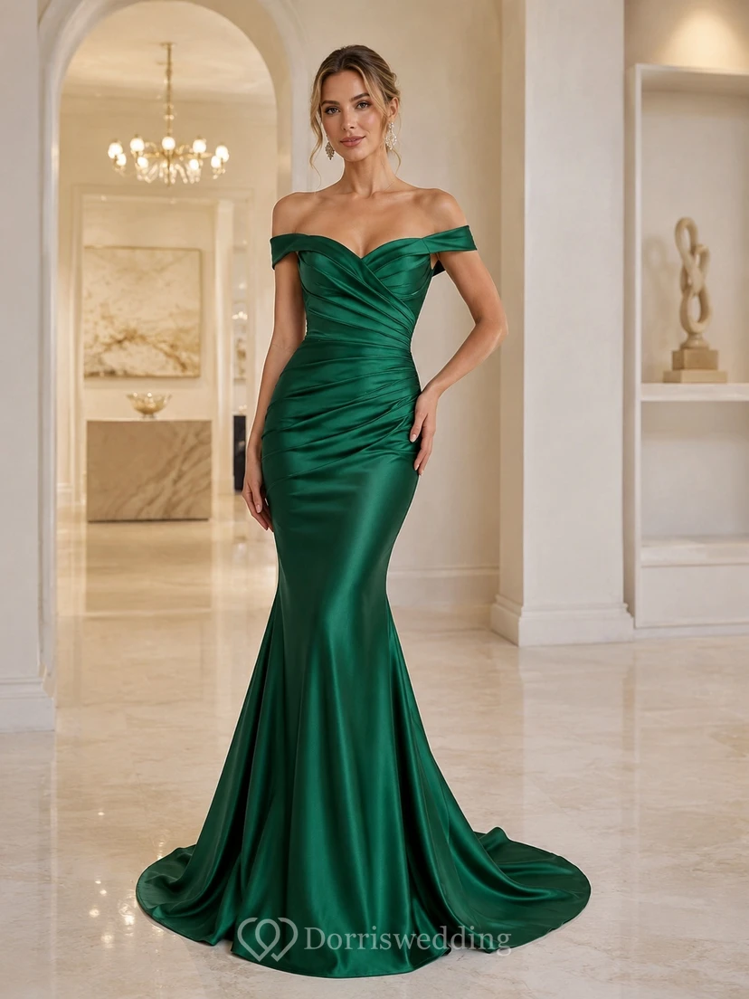 Smaragdgrünes Satin-Abendkleid mit schulterfreiem Rücken, kurzen Ärmeln und Meerjungfrauenschnitt, bodenlang, mit Schleppe
