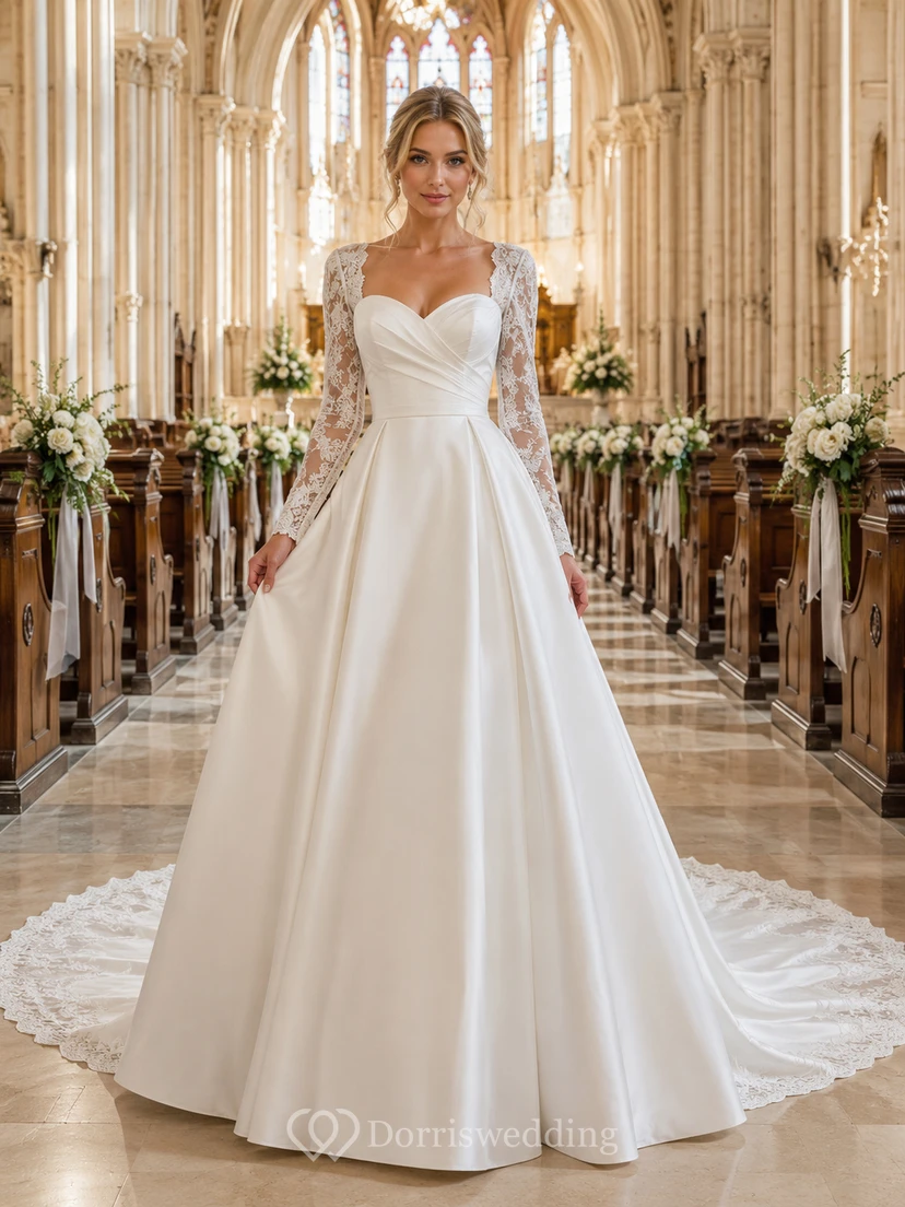 Vestido de novia de encaje y tul, estilo princesa, escote corazón, sin mangas, cola de capilla, con apliques.