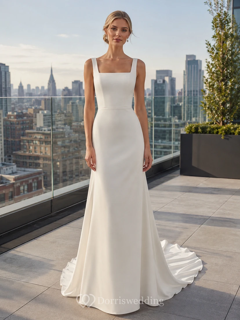 Vestido de novia minimalista de satén, corte recto, escote cuadrado, sin mangas, cola larga y abertura.