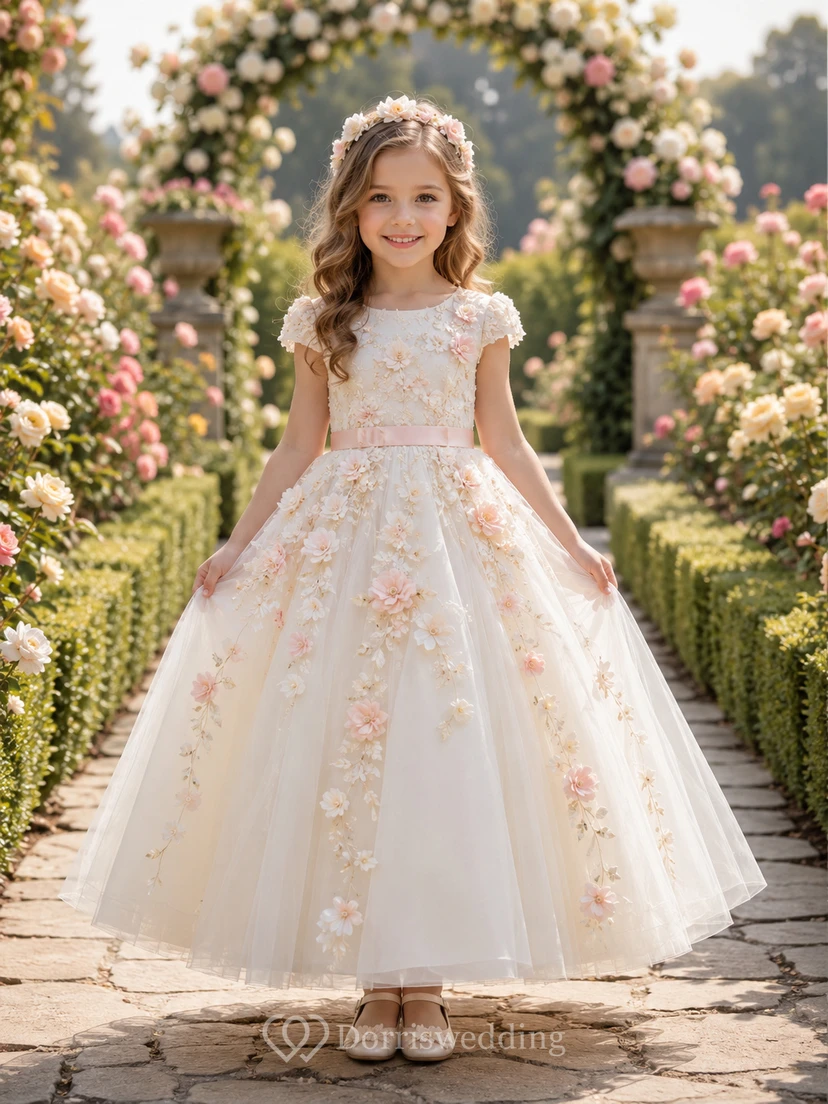 Robe longue de luxe trapèze pour demoiselle d'honneur, ornée de dentelle florale et d'appliqués en tulle, col montant, style champêtre.