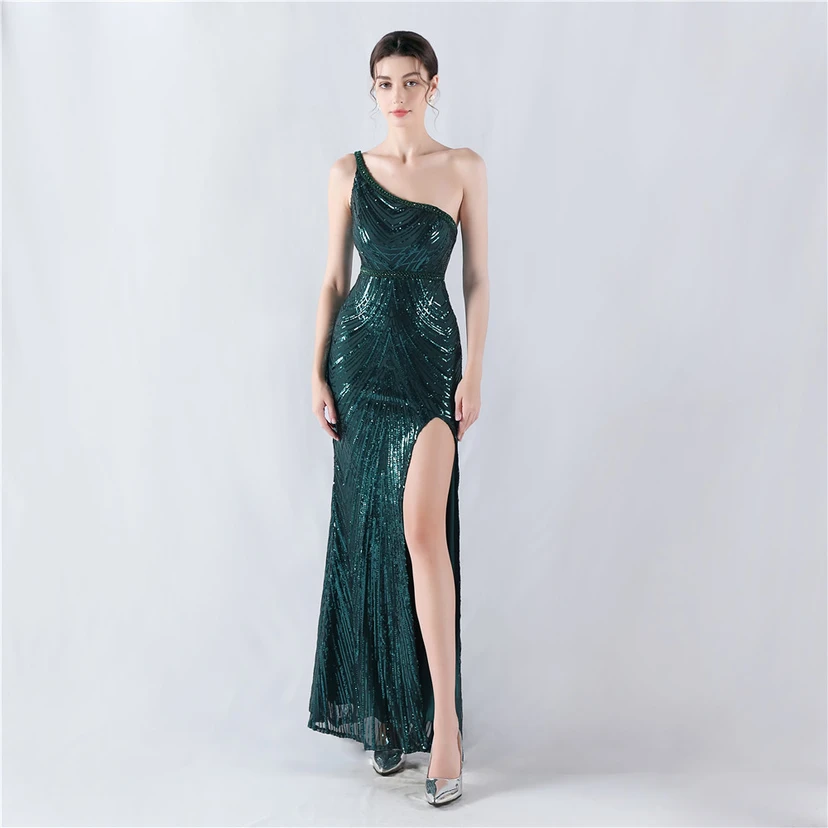 Vestido de noche asimétrico con escote alto y escote alto, adornado con cuentas florales y flores. view 21