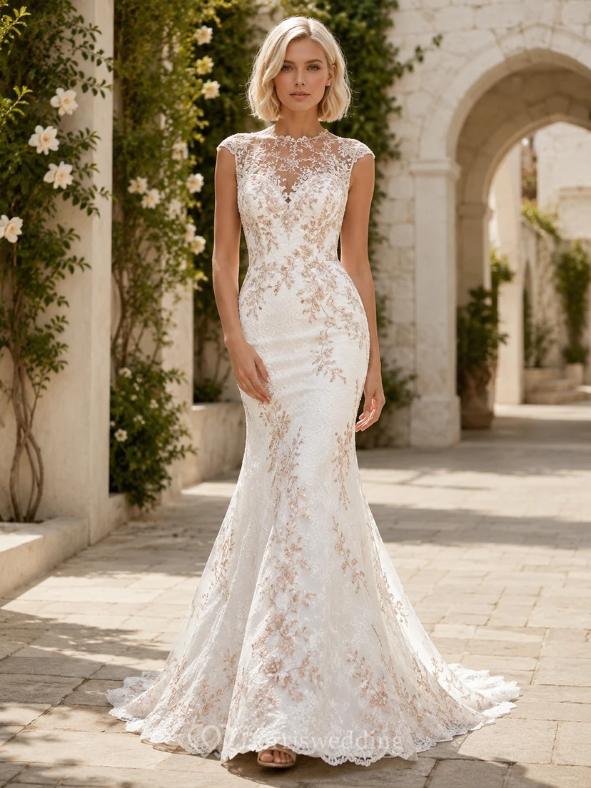 Elegantes Brautkleid in Roségold mit hohem Kragen, Meerjungfrauen-Stil, kurzen Ärmeln, bodenlanger Schleppe und elegantem Design.