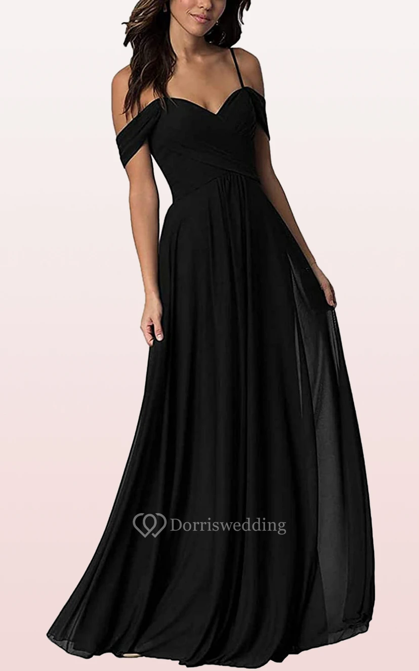 Off-the-shoulder A Line Sleeveless Floor-length Chiffon Bridesmaid Dress With Ruching view 8