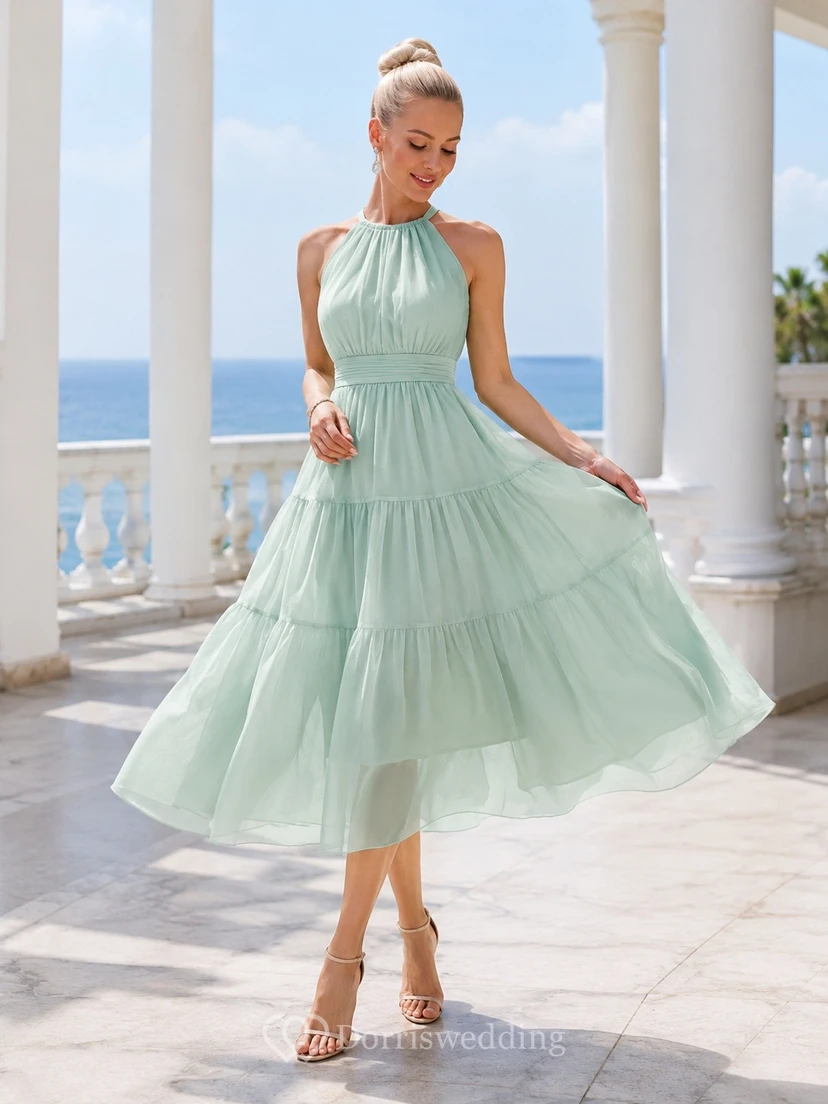 Mint Chiffon Halter Tiered A-line Tea-length Midi Dress
