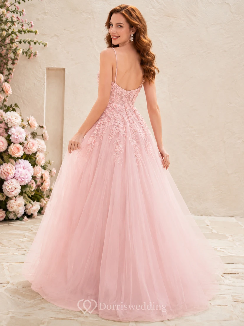 Petal Fantasy Blush A-Linien-Abendkleid mit V-Ausschnitt, ärmellos, romantisch, aus Tüll view 2