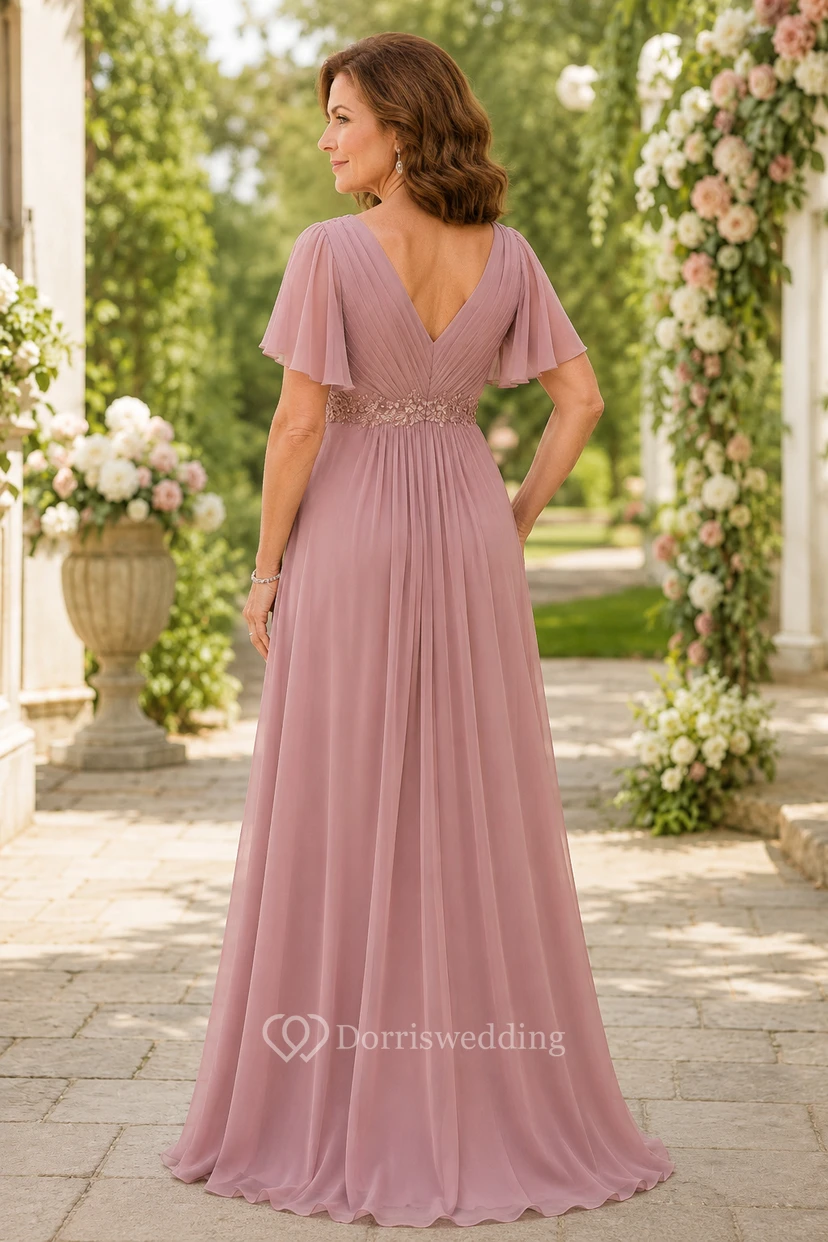 Mutterkleid aus Chiffon in A-Linie, Empire-Taille, V-Ausschnitt, Altrosa, mit flatternden Ärmeln view 2