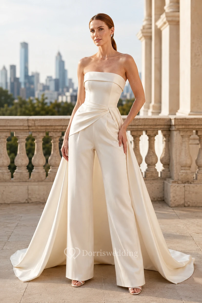 White Strapless Satin Wedding Jumpsuit with Overskirt Train