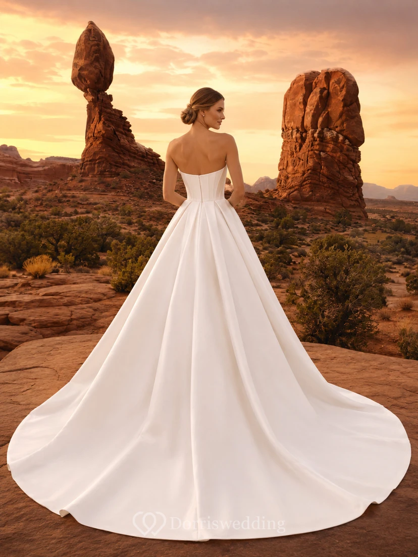 Robe de bal bustier plissée en satin avec traîne chapelle, robe de mariée canyon view 2